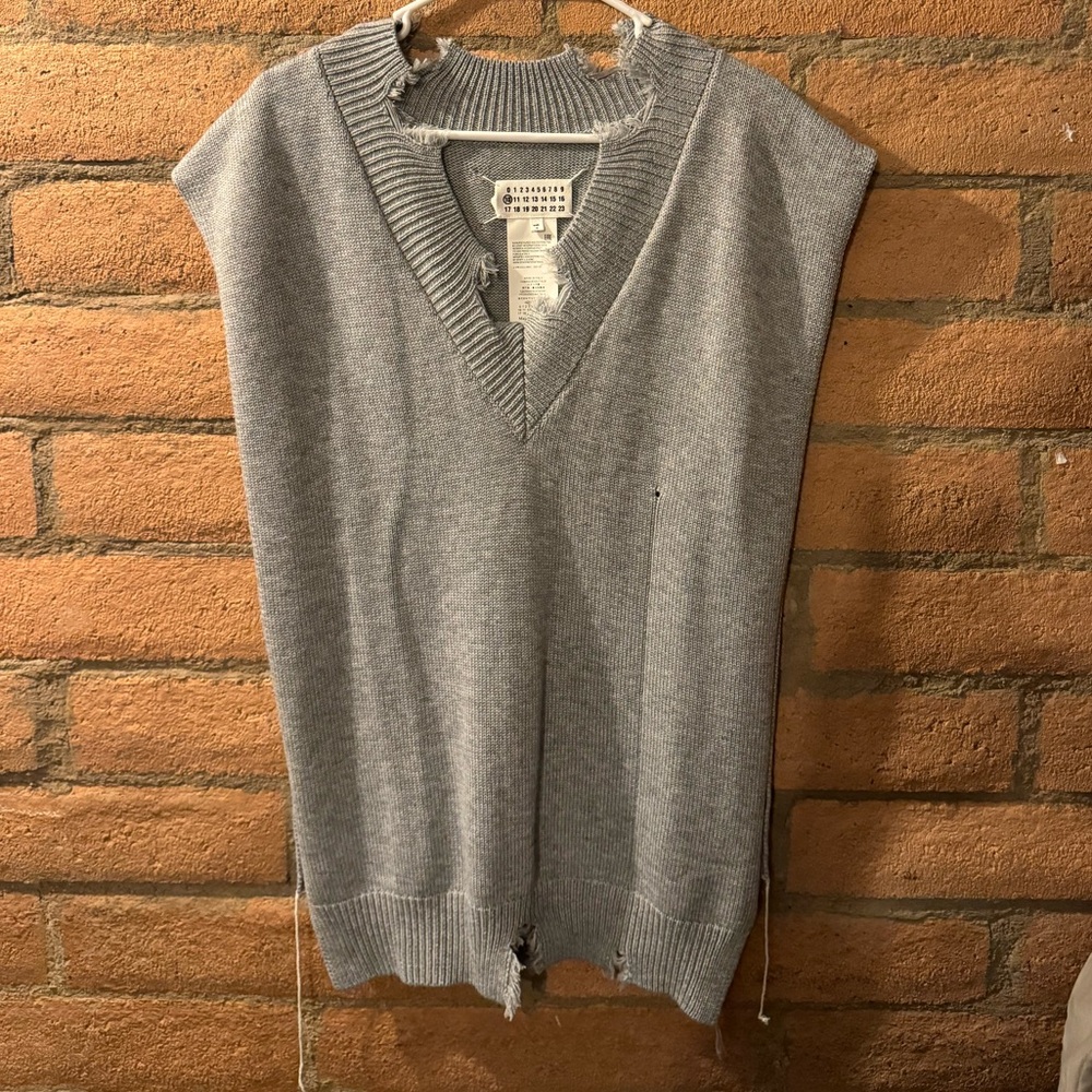 ***SOLD*** Maison Margiela Distressed V-neck Wool Poncho Vest In Grey